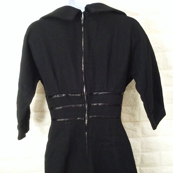 Vintage 50s Little Black Wiggle Dress Lady-M(8) Wool Cowl-Collar Zip-back Fitted - Picture 12 of 14